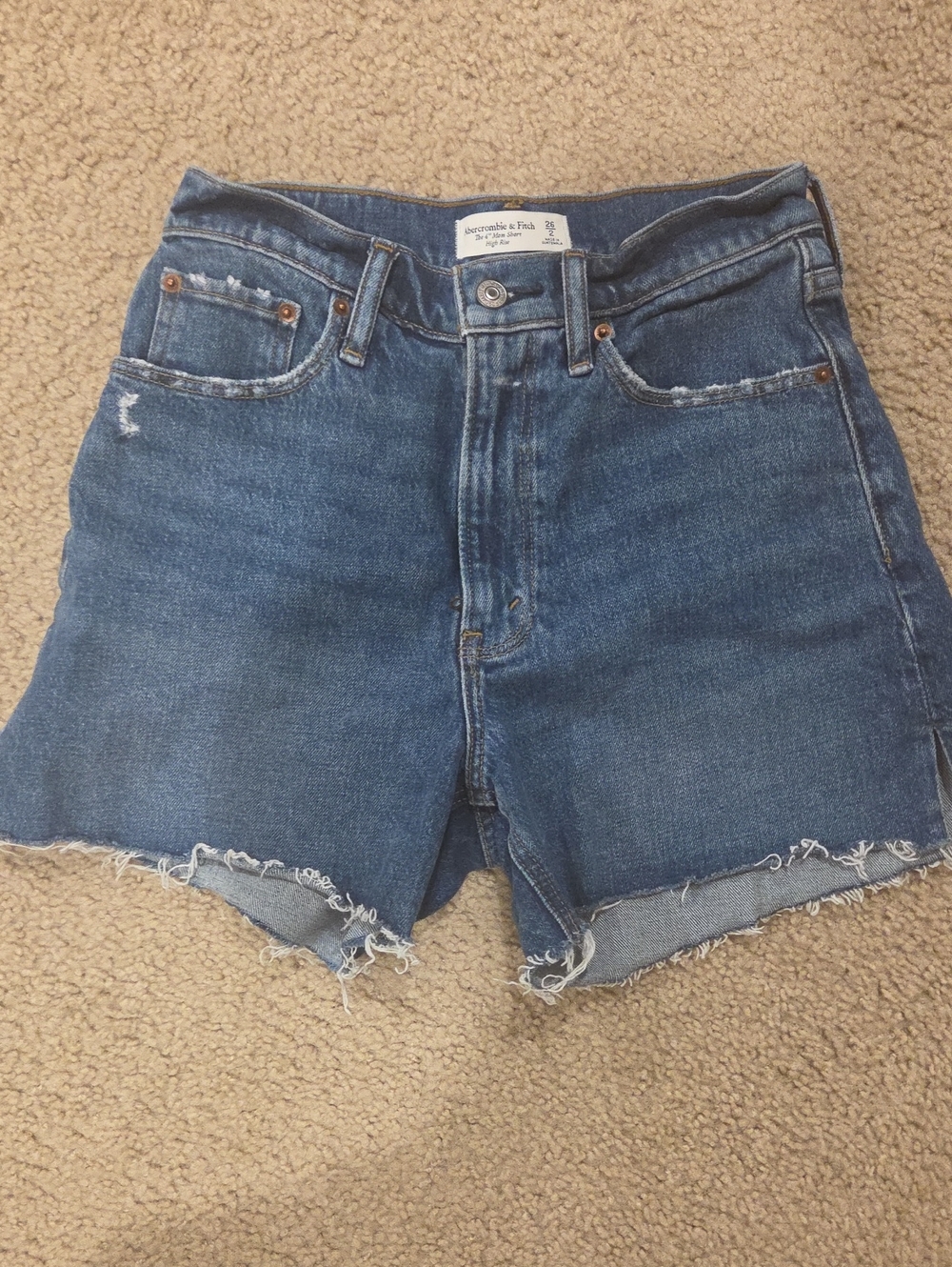 Abercrombie & Fitch Midwash High-Rise Raw Hem Denim Shorts - Blue
